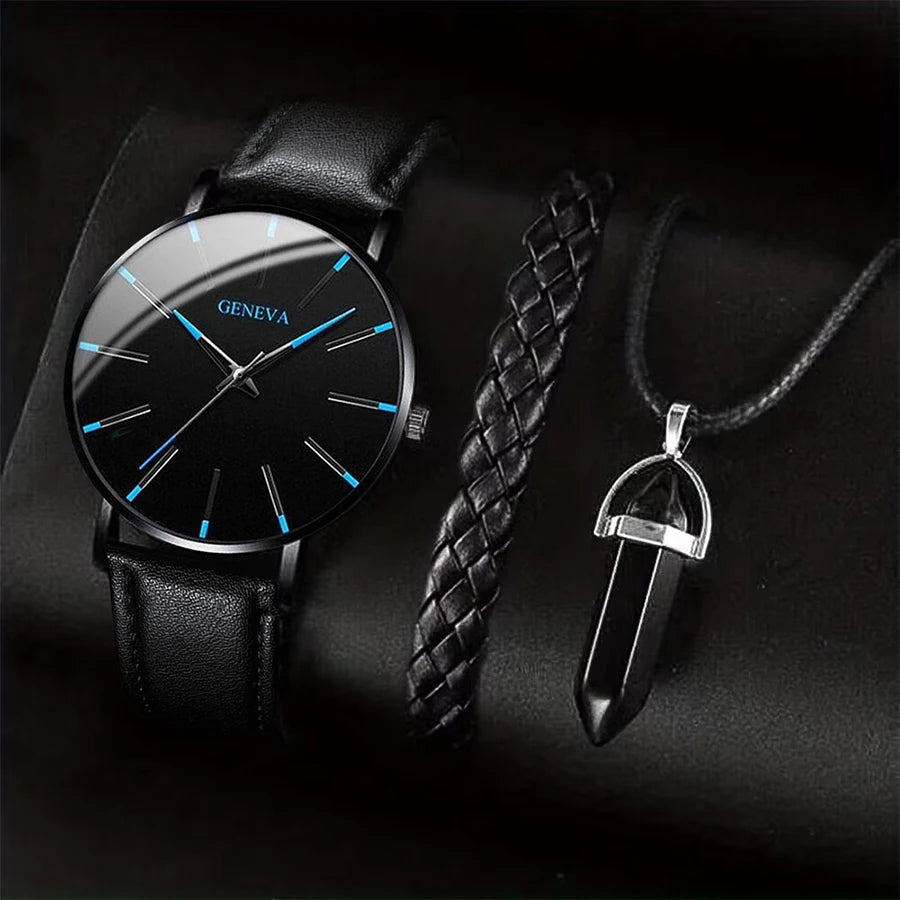 3-teiliges Set Herren Business Uhren Lässiges Lederarmband Analog Quarz Armbanduhr Herren Halskette Armband Set