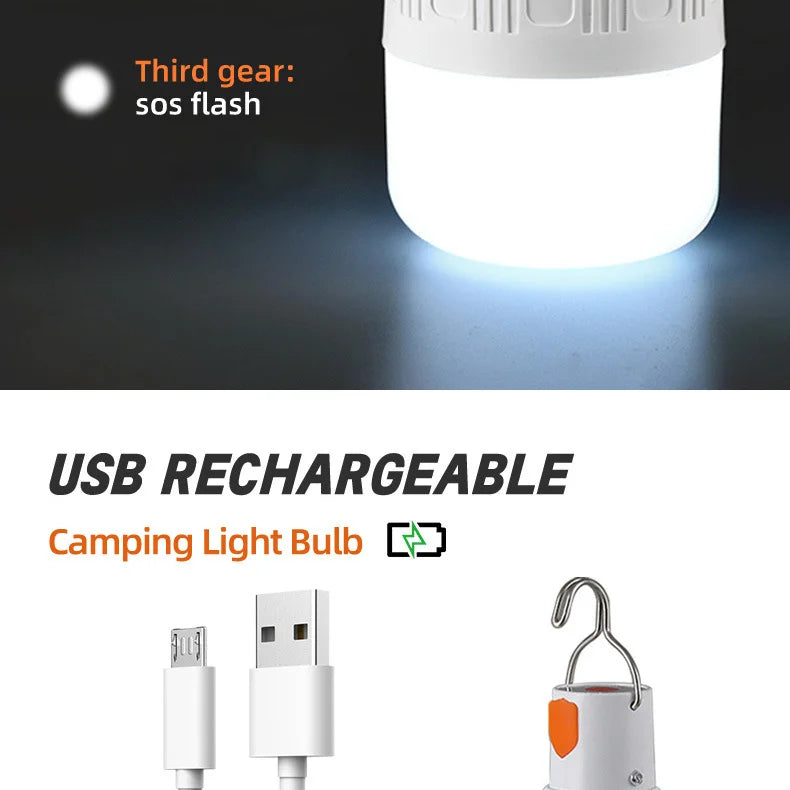 USB Rechargeable LED Bulb with Hook Portable Emergency Light for Outdoor Camping Fishing Hiking Security