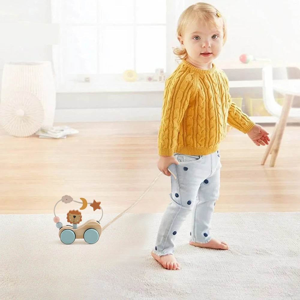 Montessori Holz Baby Anhänger Spielzeug Multifunktionale Bunte Cartoon Bausteine Ziehen Auto Eltern Kind Spielzeug Baby Geschenk