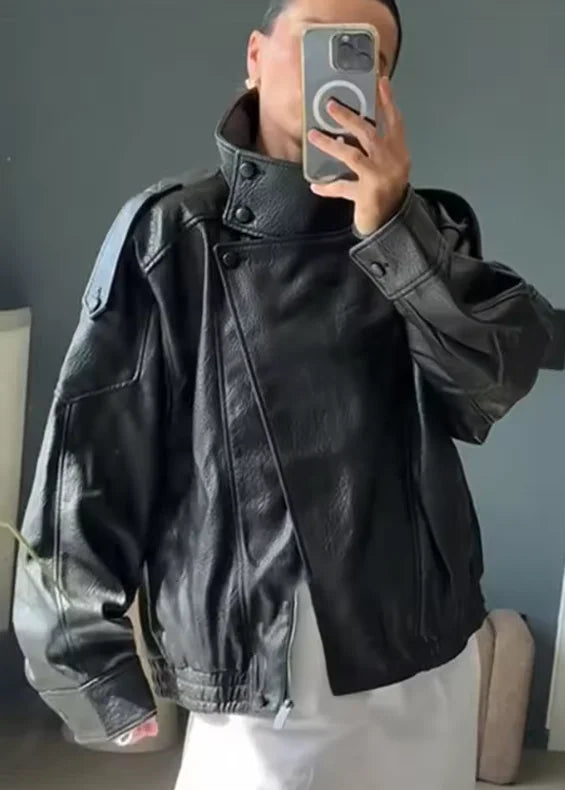 Women's Jacket 2026 Autunm  New Black Long Sleeve Pebble Faux Leather Jacket Motorcycle Style Personality Fashion