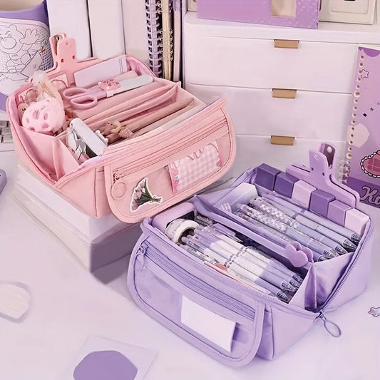 Large Capacity Pencil Case Organizer - Multi-Compartment Desktop Storage for School & Office Supplies ( Pink/Purple/Black) - Shoppiline
