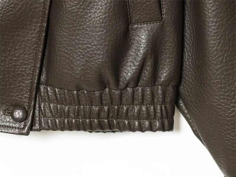 Women's Jacket 2026 Autunm  New Black Long Sleeve Pebble Faux Leather Jacket Motorcycle Style Personality Fashion