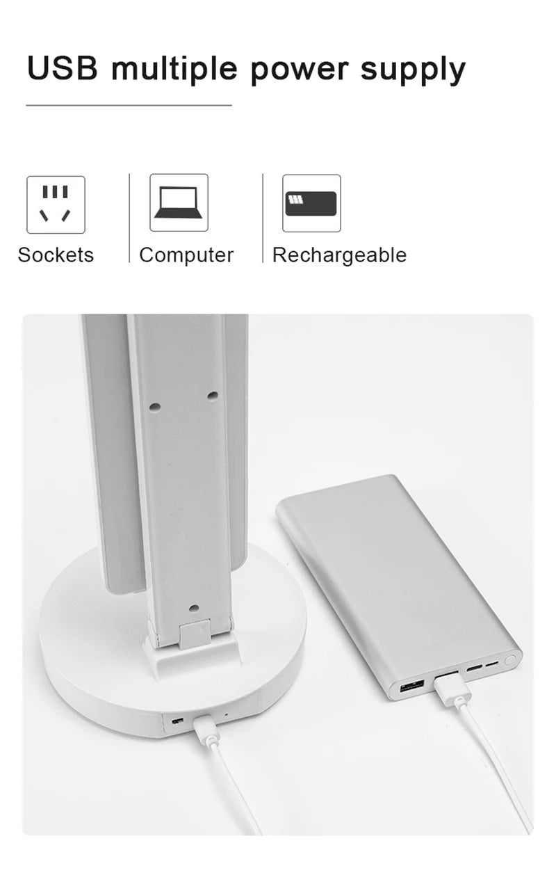 LED Table Lamp Double-Headed USB Chargeable Dimmable Desk Lamp with Calendar Clock Foldable Eye Protection Reading Night Light
