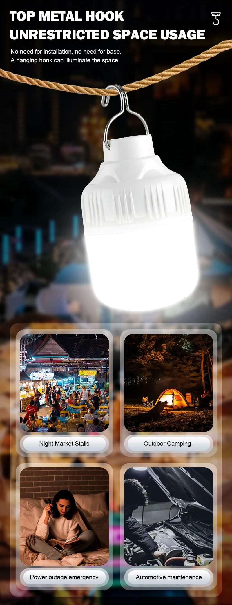 Outdoor USB Rechargeable LED Lamp Bulbs Super Bright Emergency Light with Hook Portable Camping Fishing Lantern Night Lights