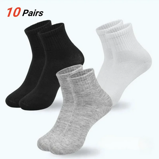 10 Pairs Men‘s Solid Color Mid-Calf Socks Breathable Comfort Sports Casual Work Socks White Black All Seasons EU 37-44 US 6-12