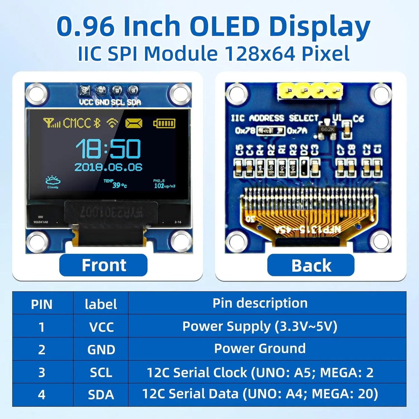 0.96 Inch OLED Display Module, 128x64 Pixel I2C SSD1306 Luminous OLED Screen Board Compatible with Arduino Raspberry Pi ESP32