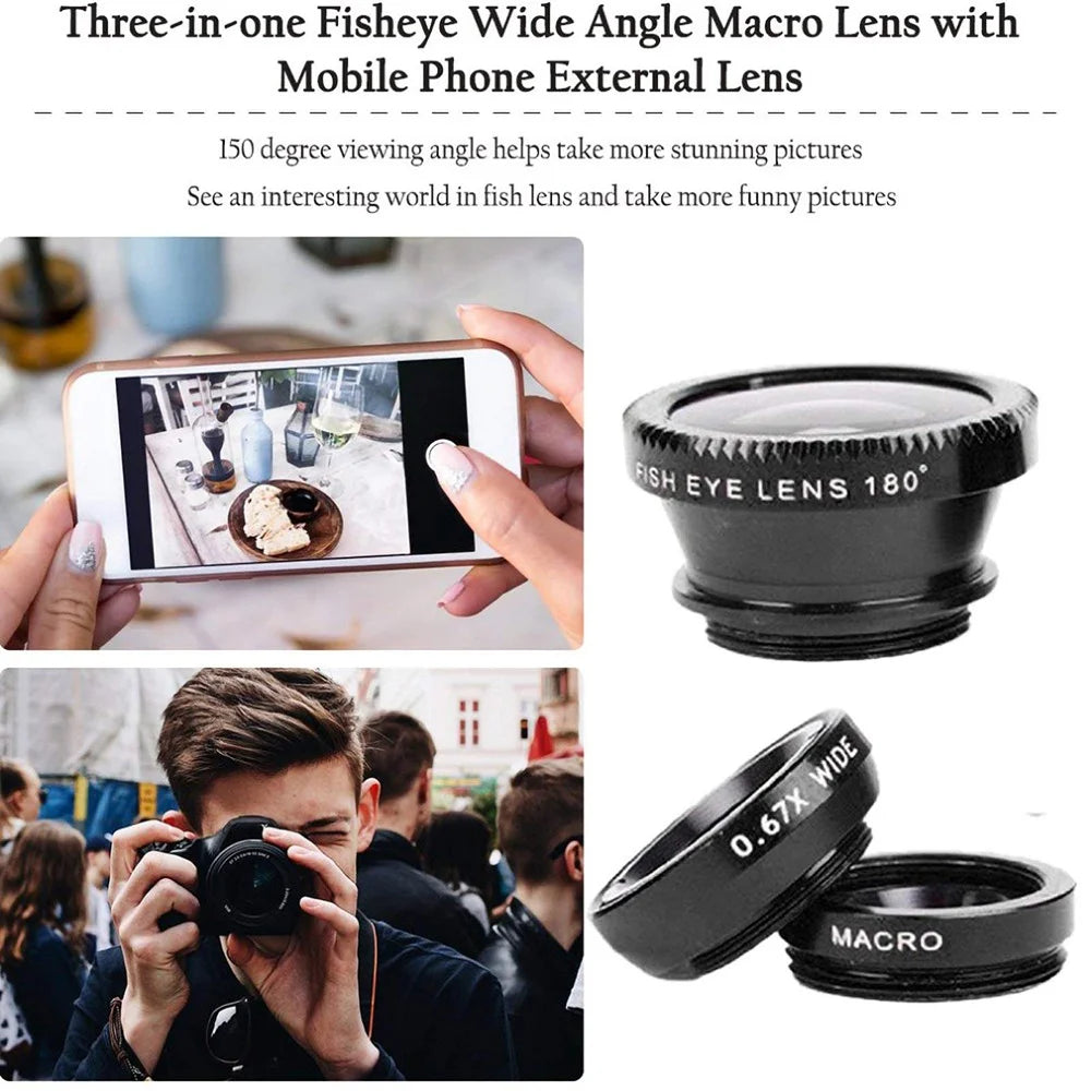 Objectif 3 en 1 Fisheye Grand Angle Zoom 0,67X Macro pour Téléphone Kits d'Objectifs Caméra pour Smartphone Objectif Zoom Fisheye avec Clip Téléphone