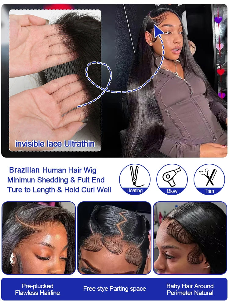 40 Inch Bone Straight Human Hair Wig 13x4 13x6 HD Transparent Lace Wigs Brazilian Full Lace Frontal Wig For Women 300% Density