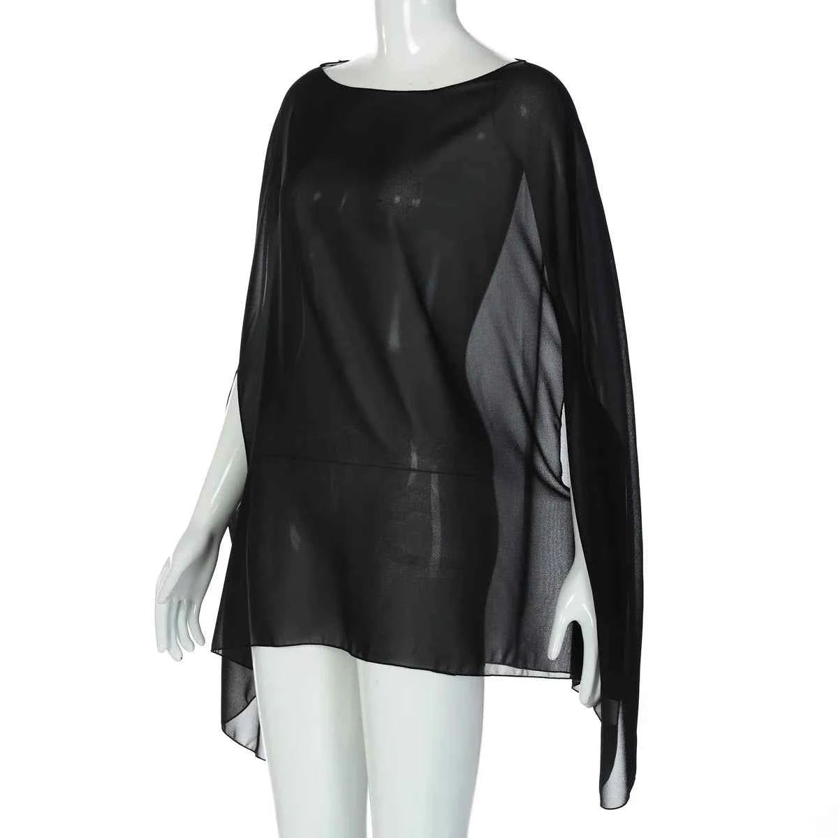 Woman Clothes See-through Chiffon Blouses Sexy Fashion Solid Cover-ups Ladies Elegant Night Club Tops White Black Streetwear
