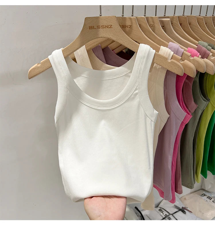 zjaiss Women Solid Round Neck Ribbed Tank Top Camisole Women 2026 Summer Basic Elastic Tank Top O Neck Solid Tank Top