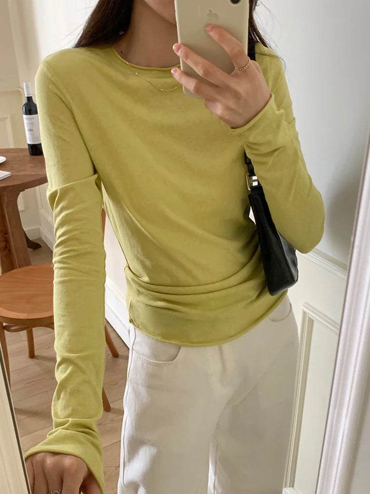 Spring Autumn T shirt Women Tops Solid Long Sleeve Ruched O Neck Tshirts Female Korean Casual Streetwear High Quality Base Tees