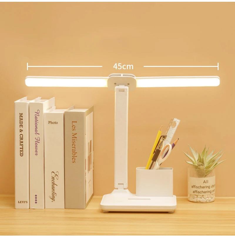 LED Table Lamp Double-Headed USB Chargeable Dimmable Desk Lamp with Calendar Clock Foldable Eye Protection Reading Night Light