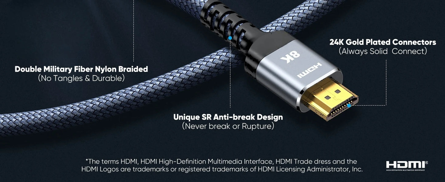MIZIQIER long HDMI 2.1 Cables 8K60Hz 4K120Hz eARC HDCP2.3 48Gbps Ultra High Speed hdmi Braided cable for HDTV/PS5/TRX3080 3090