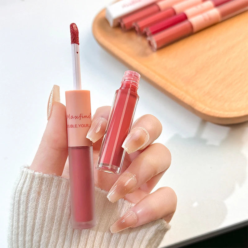 Doppelseitiger Lip Glaze Vollglanz Spiegel und mattes Samt Langzeit-Farbe und Feuchtigkeit Lip Gloss Anti-Flecken Kosmetik Lip Glaze