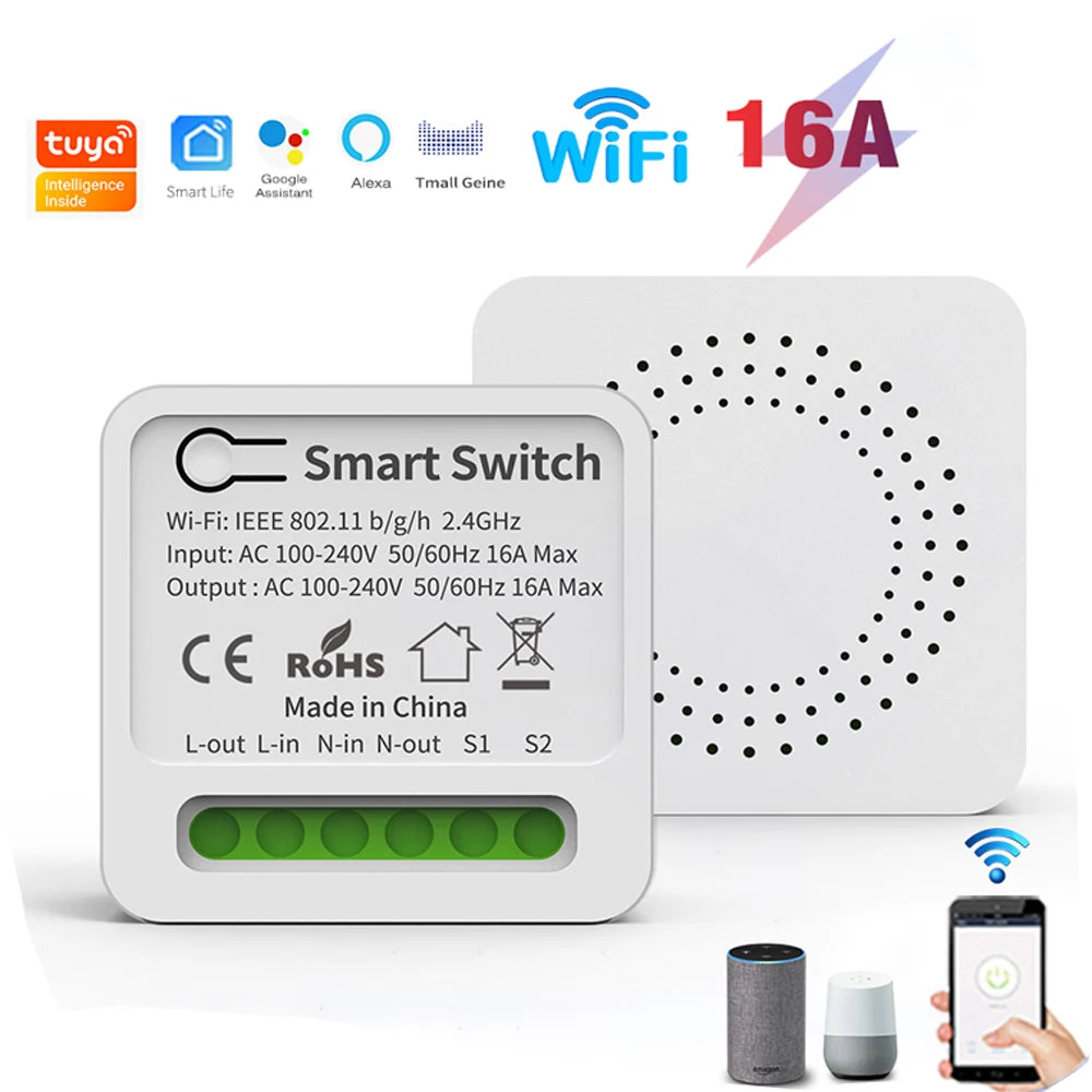 Tuya 16A MINI Wifi Smart Switch DIY 2-way Control Relay Timer For Smart Life Work With Alexa Google Home Yandex Alice