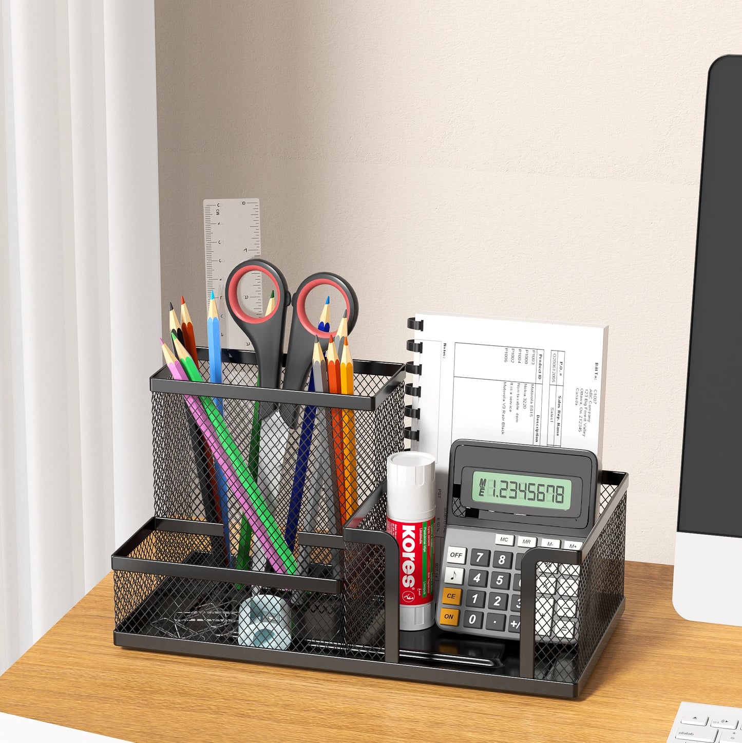 Mesh Desk Organizer Office Supplies Caddy with Pencil Holder and Storage Baskets for Desktop Accessories, 3 Compartments, Black - Shoppiline