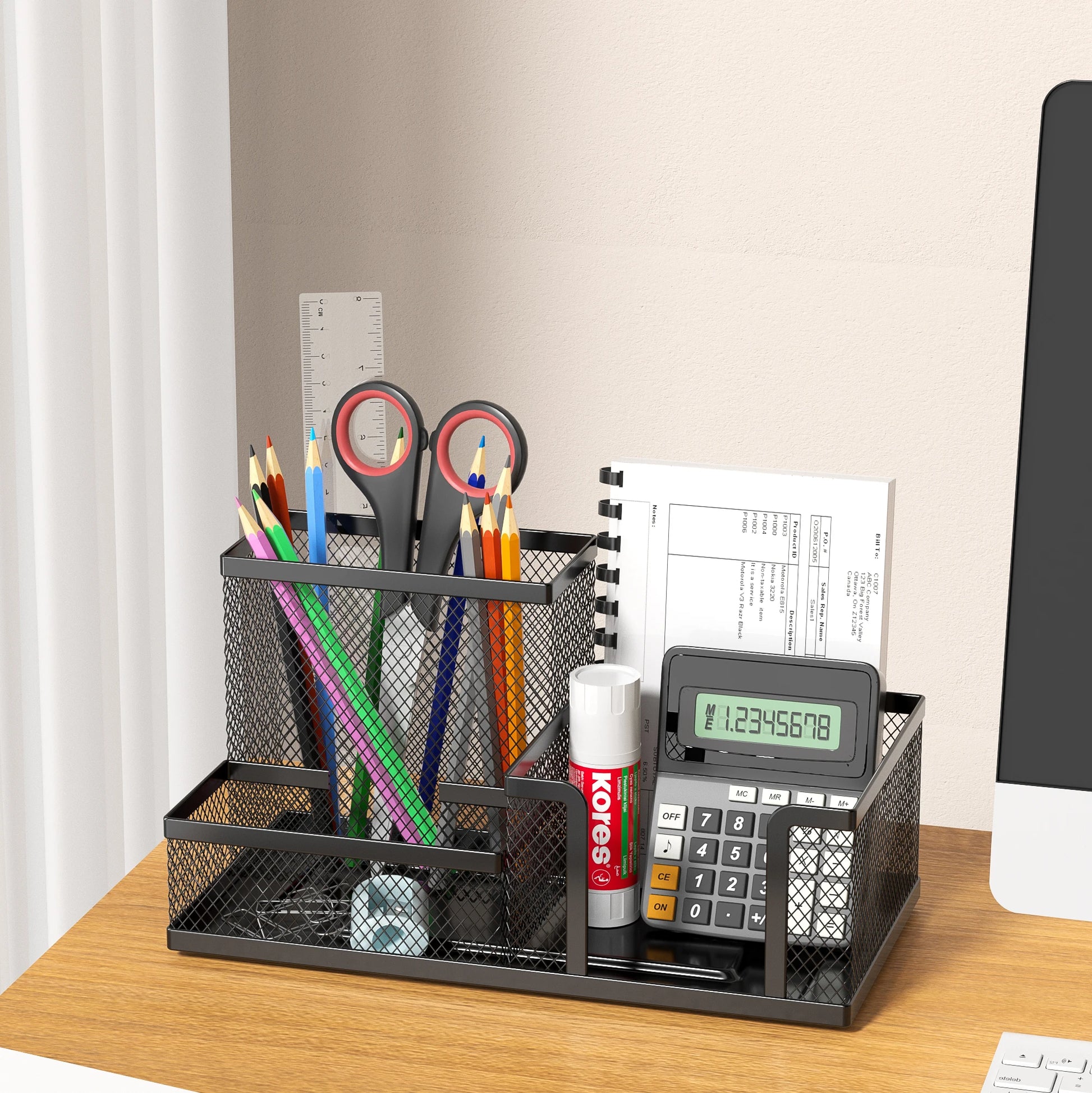 Mesh Desk Organizer Office Supplies Caddy with Pencil Holder and Storage Baskets for Desktop Accessories, 3 Compartments, Black - Shoppiline