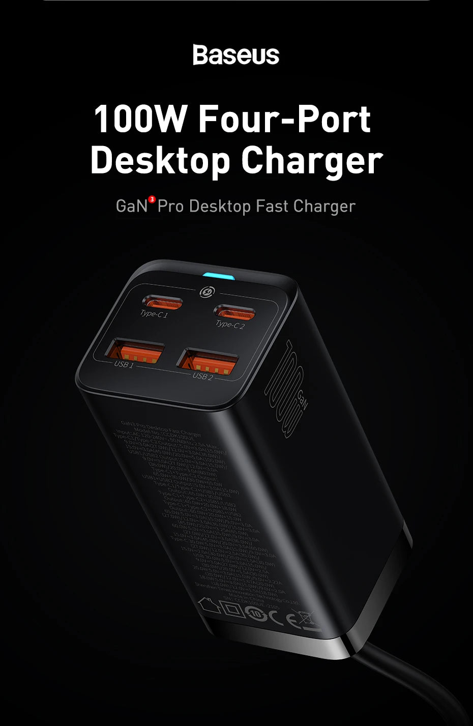 Baseus GaN3 100/ 65W Desktop Charger Quick Charge QC 3.04.0 USB C Type C Phone Charger For iPhone15 Huawei Xiaomi MacBook Laptop - Shoppiline