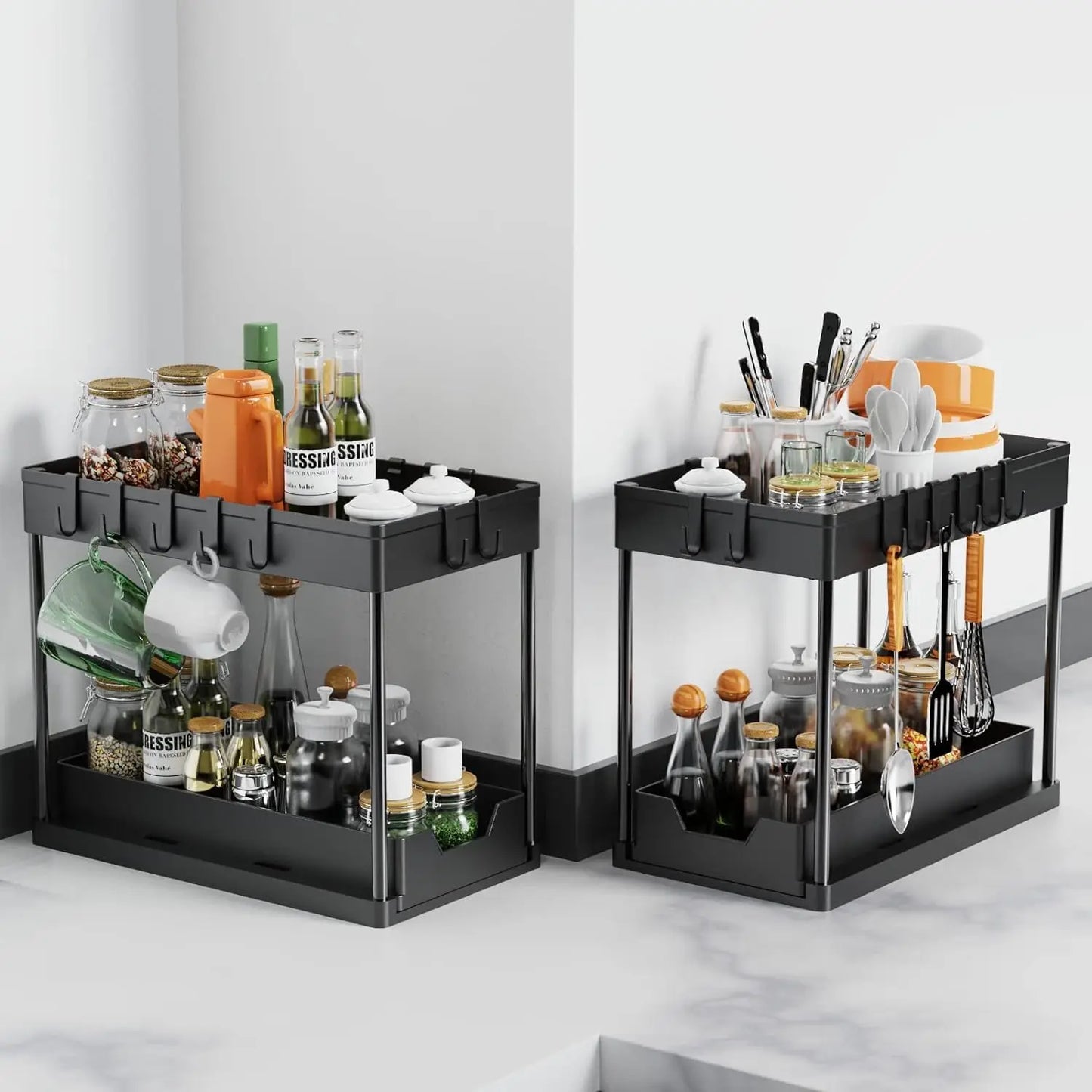 Under Sink Organizers 2 Tier Under Bathroom Cabinet Holder with Hooks & Hanging Cup, Multi-Purpose Storage Shelf for  Kitchen - Shoppiline