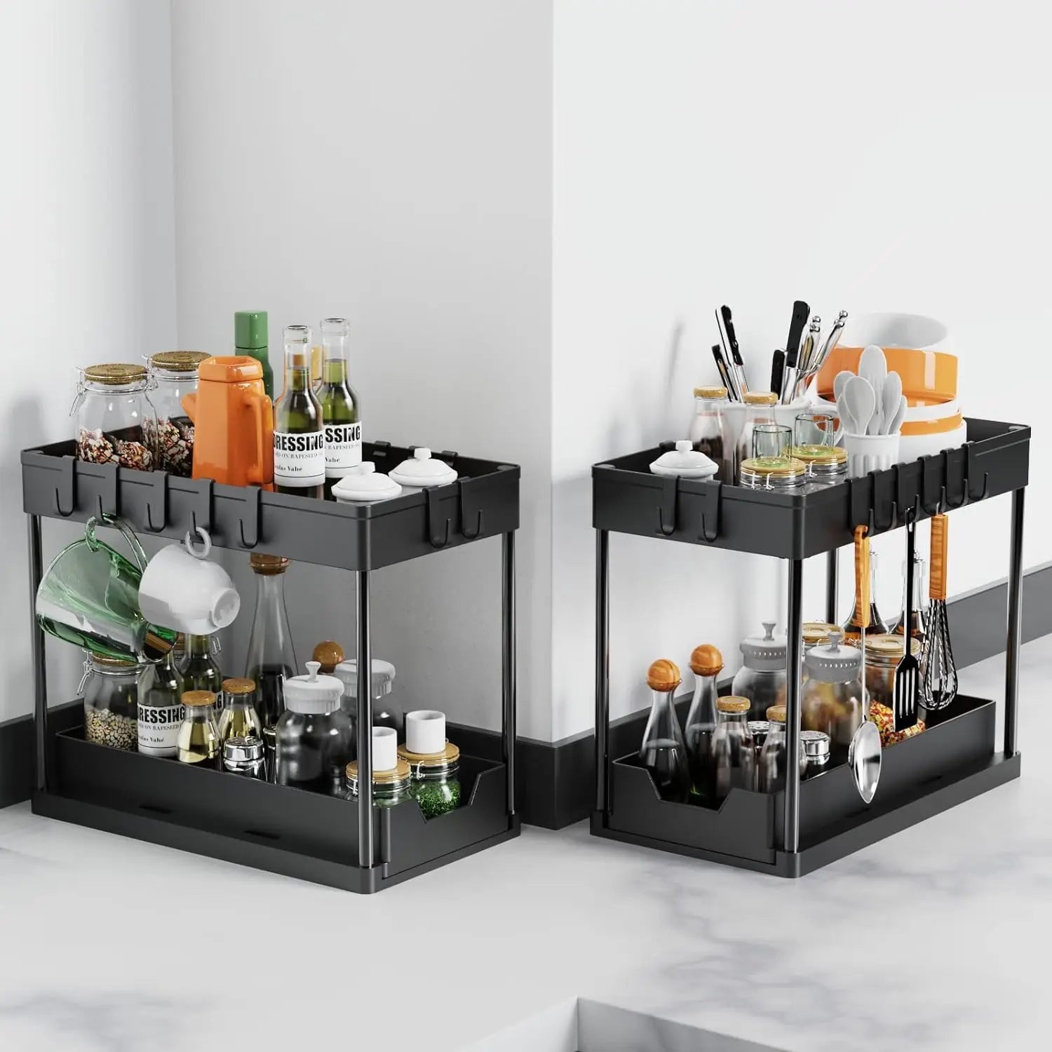 Under Sink Organizers 2 Tier Under Bathroom Cabinet Holder with Hooks & Hanging Cup, Multi-Purpose Storage Shelf for  Kitchen - Shoppiline