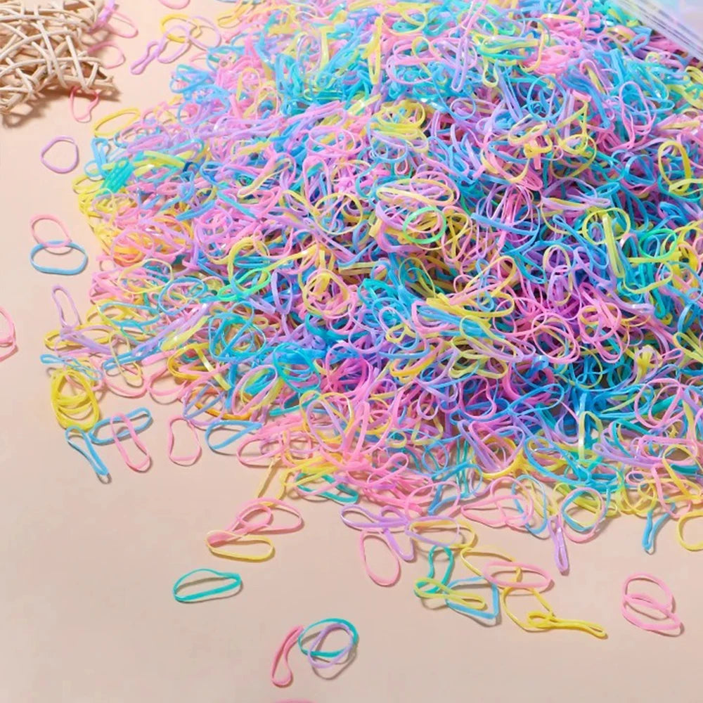 500/1000/2000 pièces élastiques en caoutchouc colorés jetables pour filles, serre-tête, attaches de queue de cheval, accessoires capillaires pour enfants