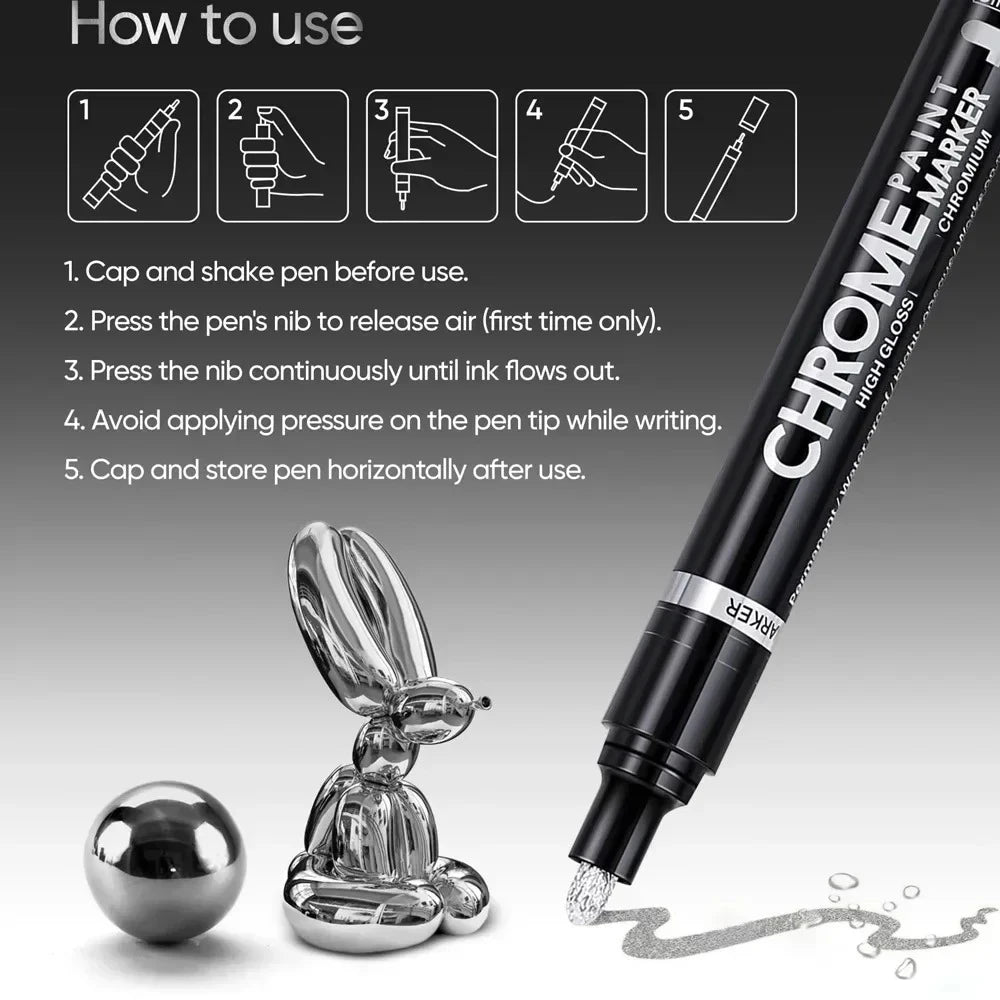 5/1pcs Chrome Pen Marker Mirror Waterproof Paint Repair For Rock Ceramic Glass Metallic Gold/Silver 2mm Nib - Shoppiline
