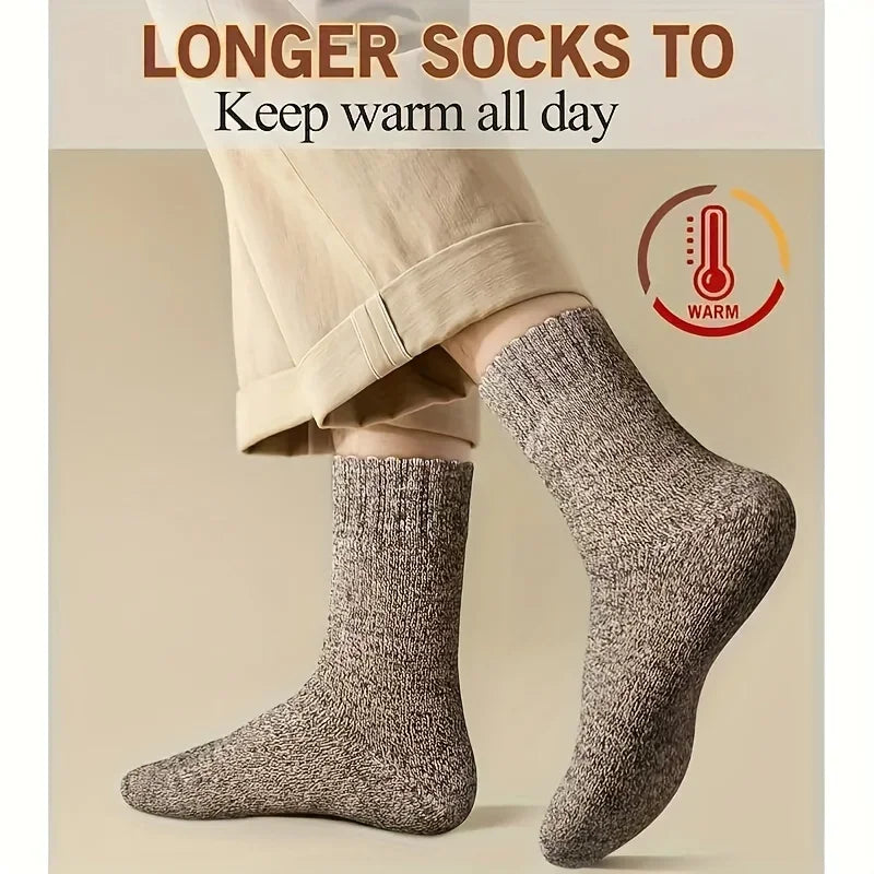 3/5 Pairs Men's Warm Socks, Thick Towel Mid-Calf Socks, Anti-Cold Snow Boots Socks Elastic Solid Color