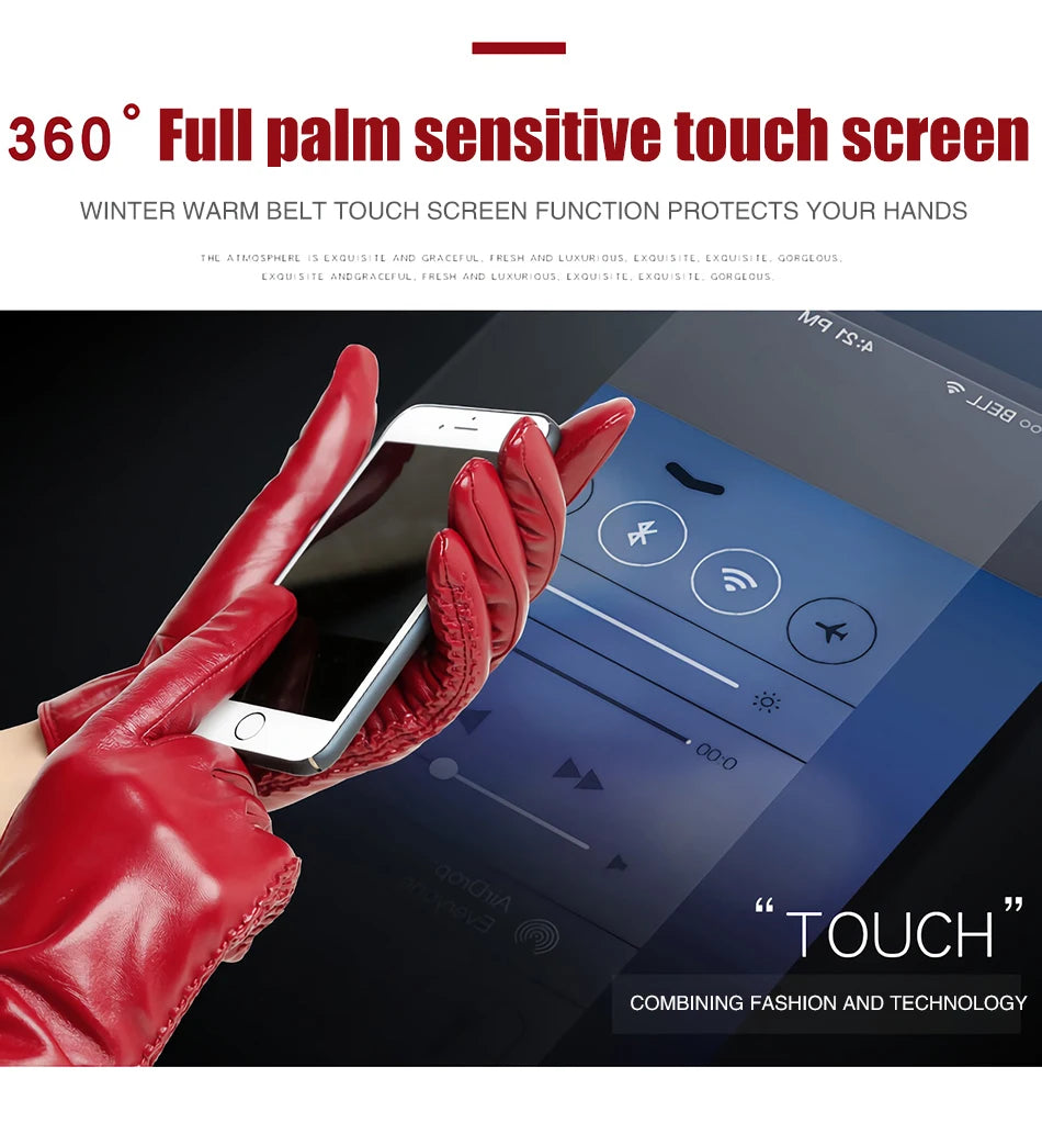 Women's sheepskin gloves winter warm plus velvet short thin touch screen driving color women's leather gloves good quality -2226