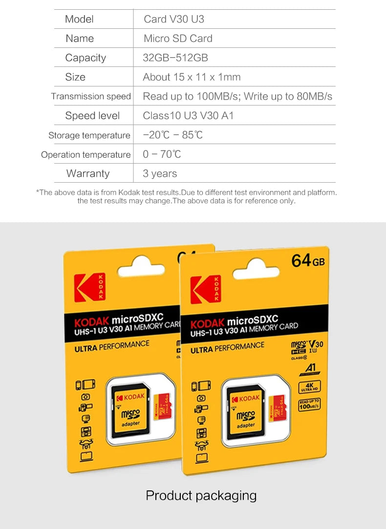 KODAK MicroSD Memory Card 256GB Recorder Storage High Speed 128GB monitoring SD Card 64GB 32GB TF Gaming Microsd Class10 U3 V30