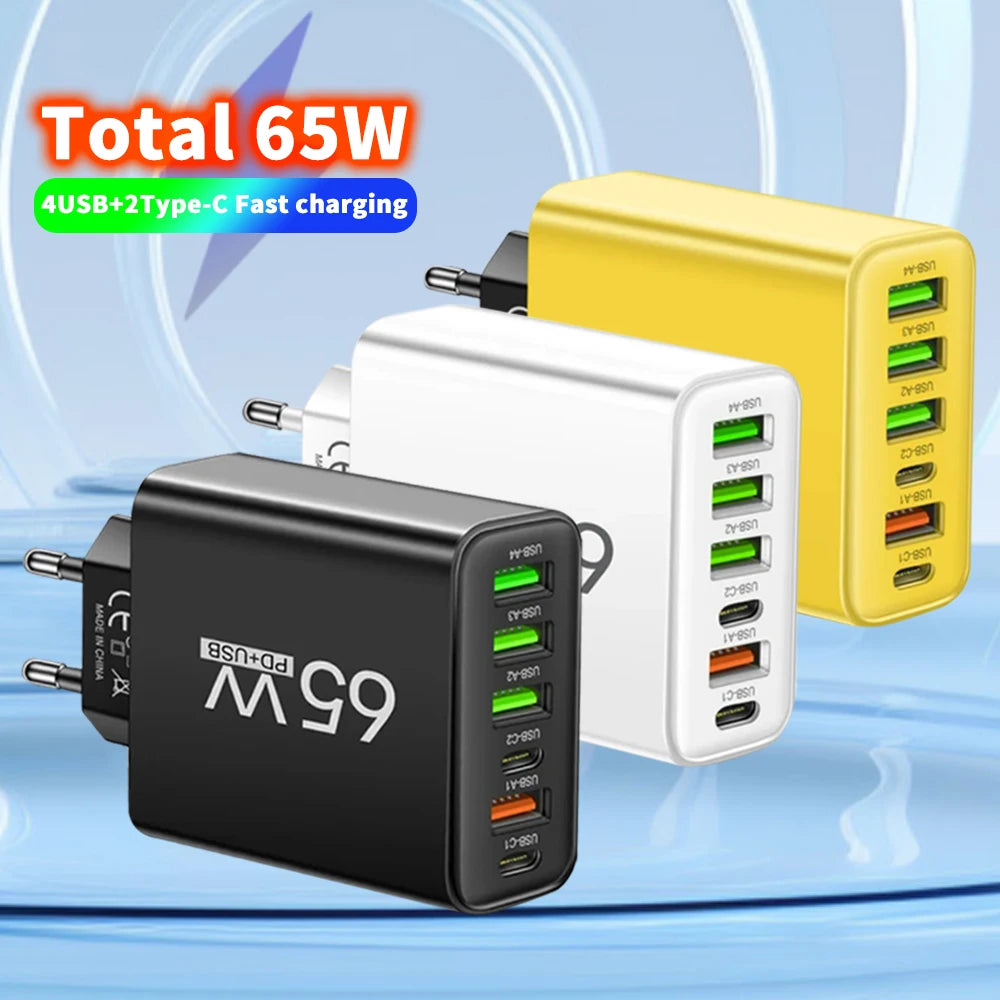 65W 6 in 1 USB Charger Type C Fast Charging Phone Wall Charger Adapter For iPhone Samsung Xiaomi Huawei EU/US Plug Quick Charger