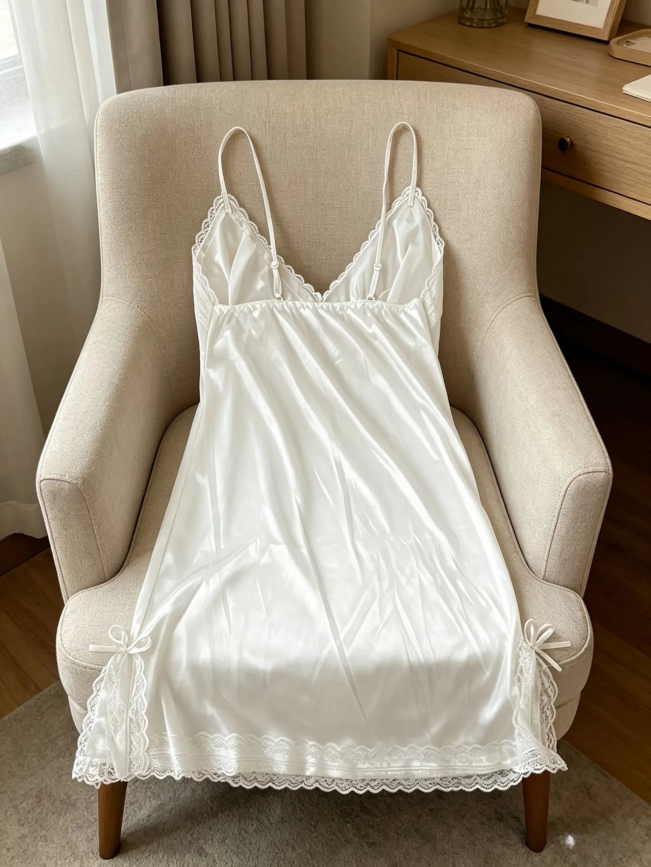 Women Satin Nightgown Lace Trim Spaghetti Strap V Neck Mini Slip Dress Soft Sleepwear Home Pajama Dress
