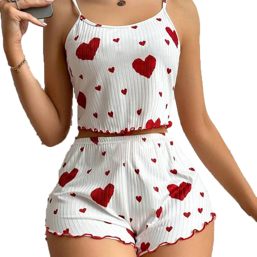 Ensemble de pyjama pour femme 2 pièces : débardeur court et short - Tailles S M L - Blanc - Aéré, doux, décontracté, motif Love