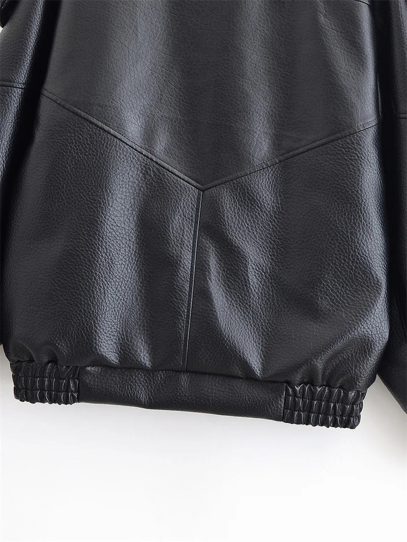 Women's Jacket 2026 Autunm  New Black Long Sleeve Pebble Faux Leather Jacket Motorcycle Style Personality Fashion