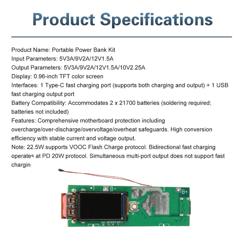 22.5W Fast Charging Module TFT Color Screen Digital DIY Power Bank Kit 21700 Battery Case Fast Charging Mini Portable Power ﻿ - Shoppiline