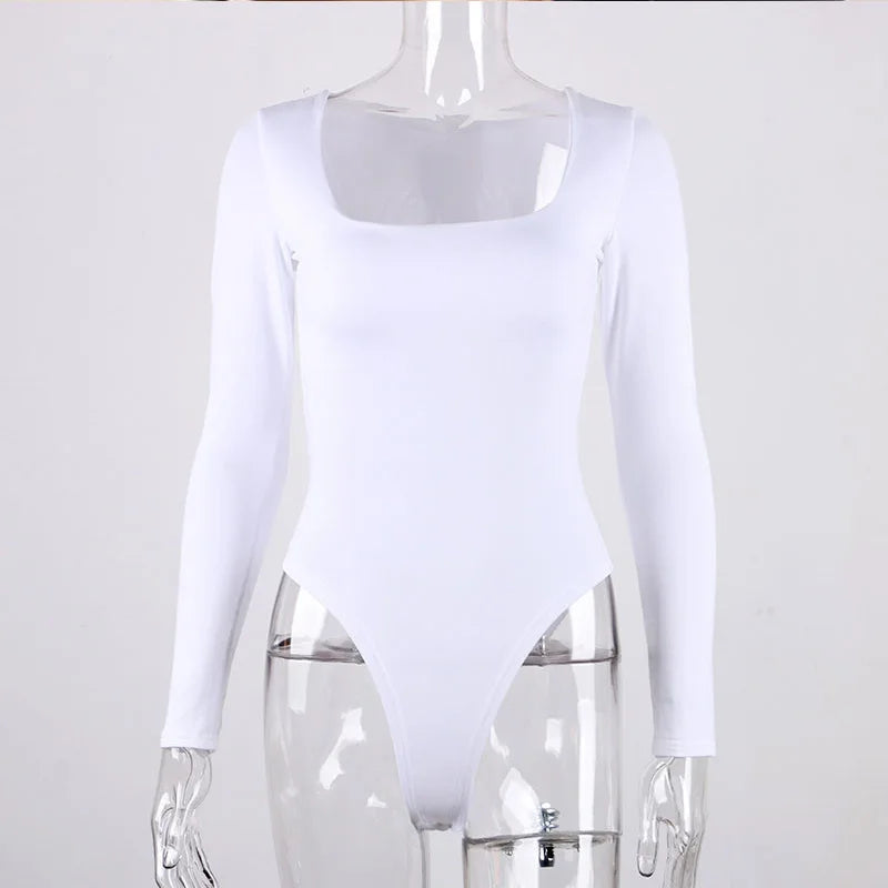 Long Sleeve Bodysuits Spring 2025 Square-Cut Collar Solid Bodycon Elastic Romper Sexy Y2k Women Clothing Fashion Club Party 2520