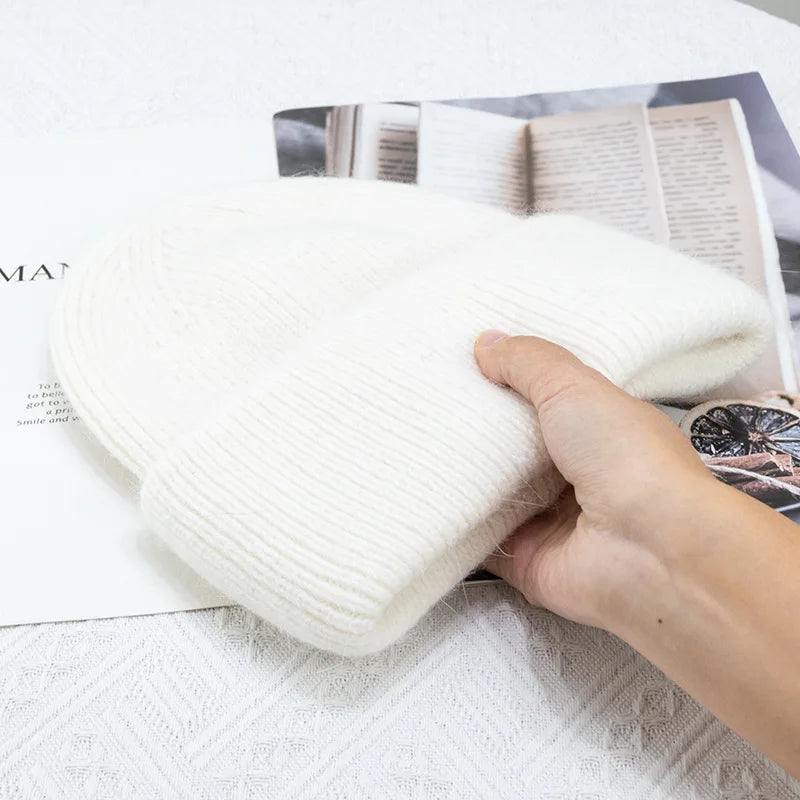 Bonnets d'hiver pour femmes en fourrure de lapin tricotés, bonnets épais à revers, bonnets amples et doux pour le ski.