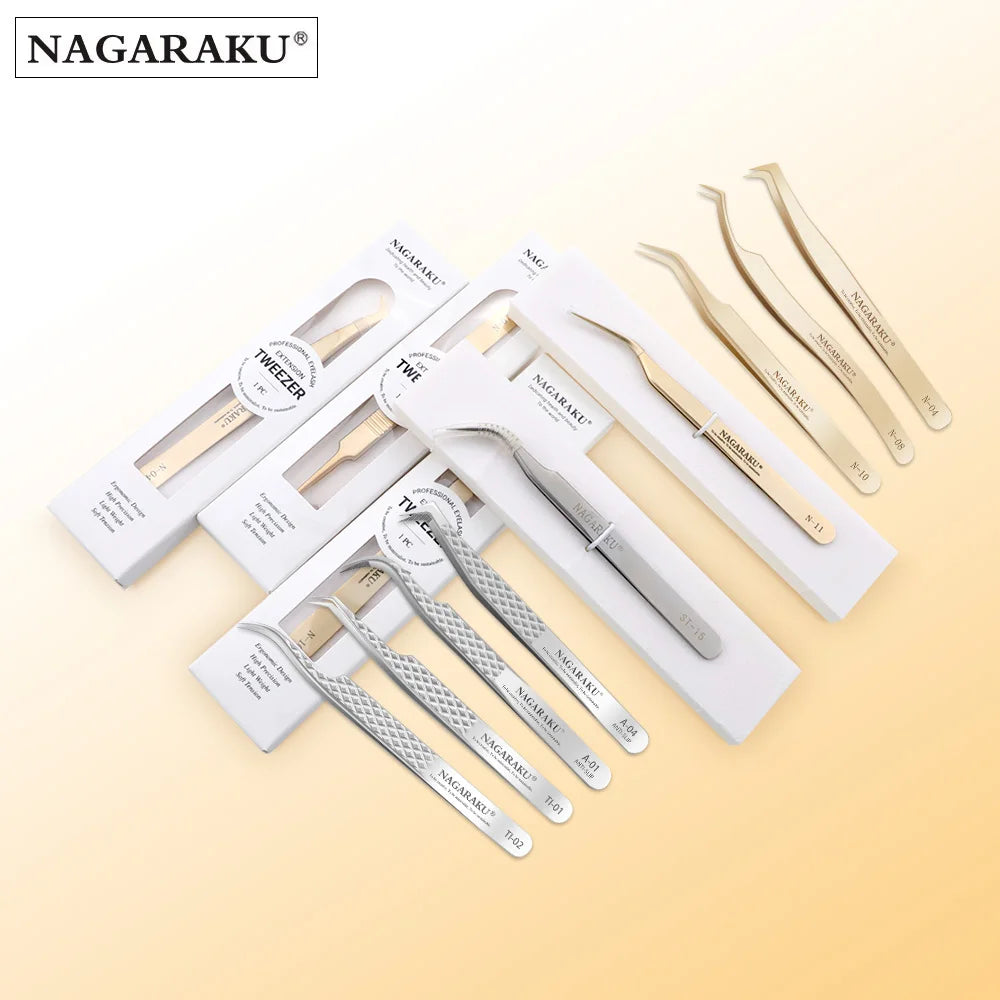 NAGARAKU Stainless Steel Straight Curved Nail Volume Eyelash Accurate Tweezers Nippers Pointed Clip Set Makeup Tools