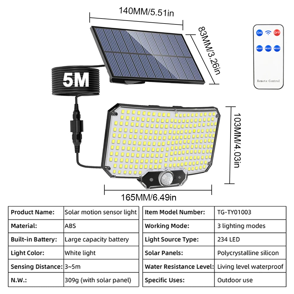 LED Solar Security Lights Motion Sensor Outdoor 234/280/226LED Flood Light IP65 Waterproof Split Wall Lamp Solar Powered 3 Mode
