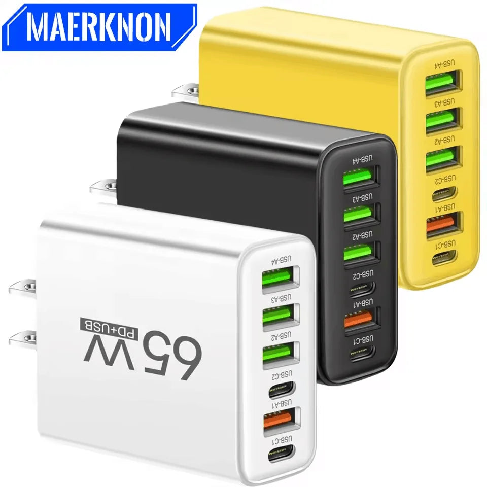65W 6 in 1 USB Charger Type C Fast Charging Phone Wall Charger Adapter For iPhone Samsung Xiaomi Huawei EU/US Plug Quick Charger