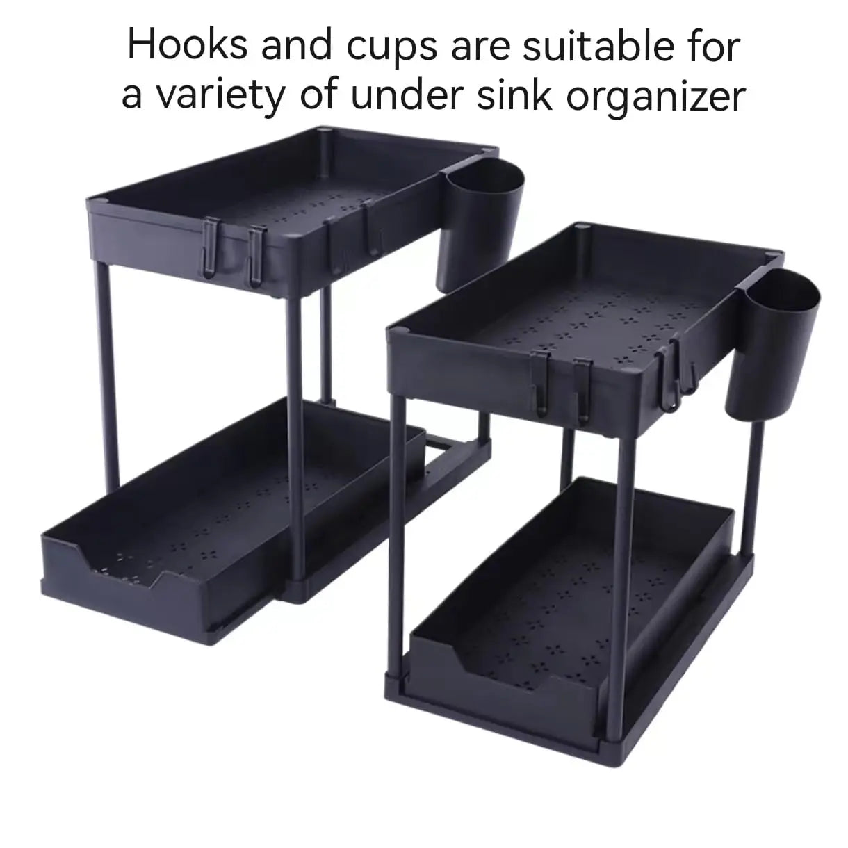 Under Sink Organizers 2 Tier Under Bathroom Cabinet Holder with Hooks & Hanging Cup, Multi-Purpose Storage Shelf for  Kitchen - Shoppiline