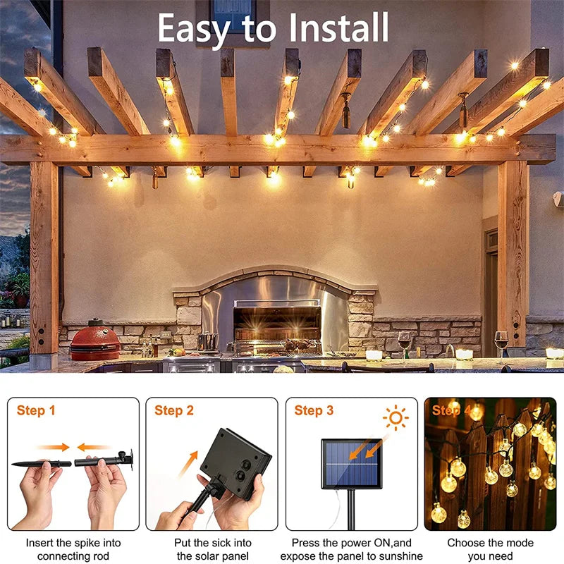 LED Solar Crystal Globe String Lights Warm White Light Outdoor Garden Patio Yard Pathway Party Decorative Fairy Light Waterproof
