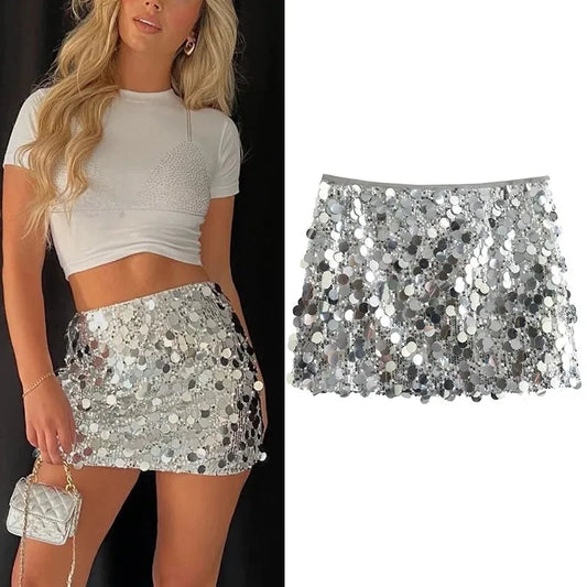 Silberner Paillettenrock Damen Hohe Taille Minirock Damen Mode Glänzender Glitzer Eleganter Kurzer Rock Für Damen Y2k Röcke