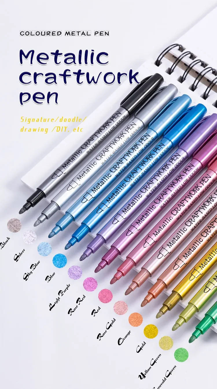 12 Colors Metallic Markers Pens Silver Gold Paint Pens for Black Paper, Glass, Rock Painting, Halloween Pumpkin Scrapbook Album