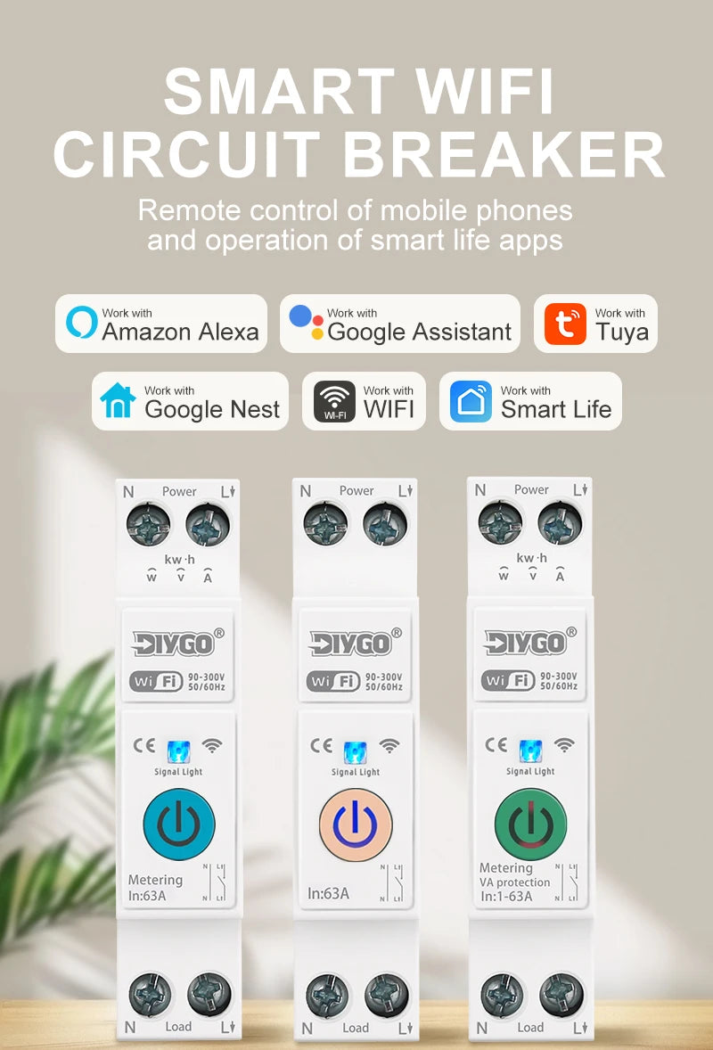 Tuya WIFI Smart Circuit Breaker 1P+N Over-Voltage/Current/Power Protector Under Voltage Protection Voice Remote Control Switch
