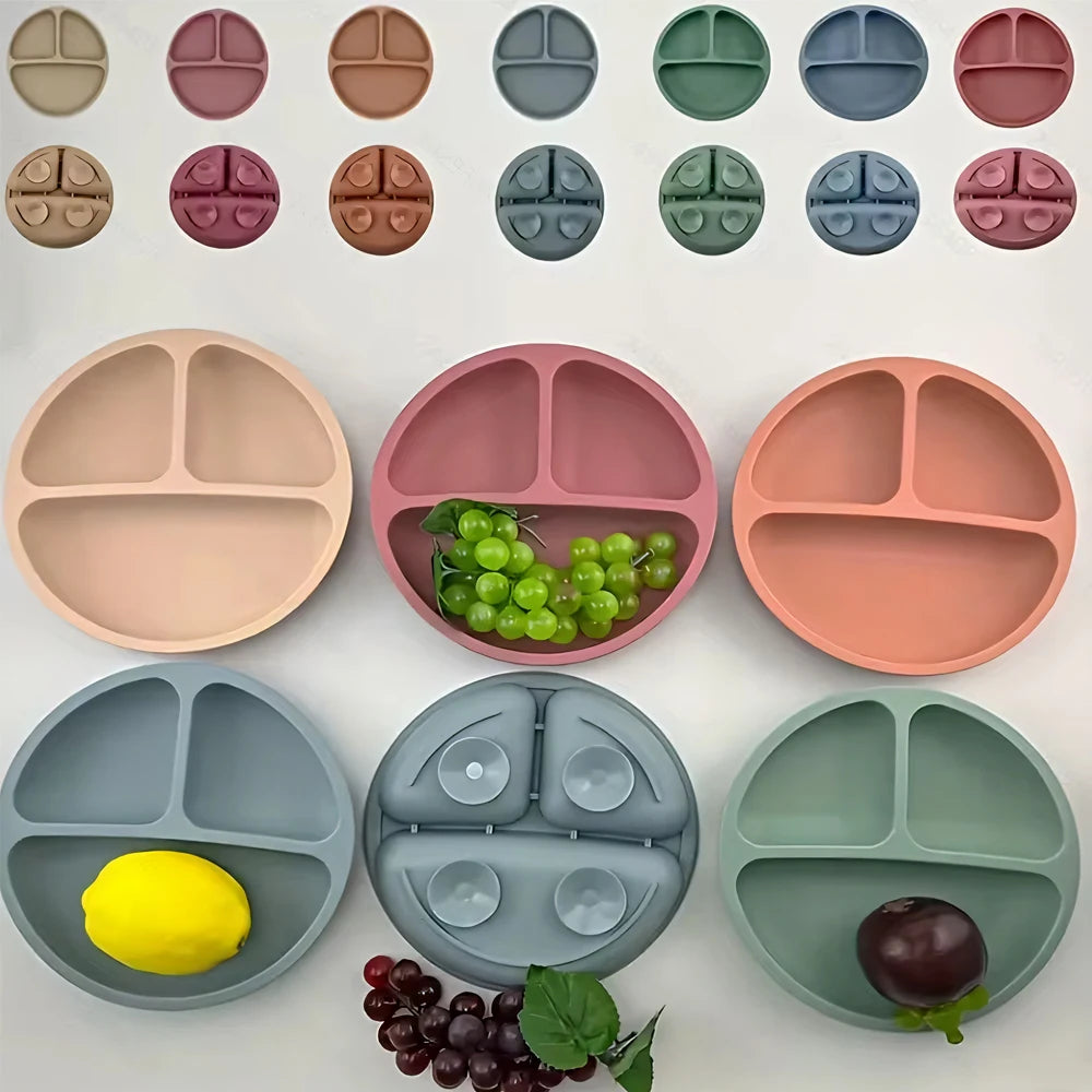 Suction Plates For Babies, Silicone With Lid Divided Design Dinner Plate