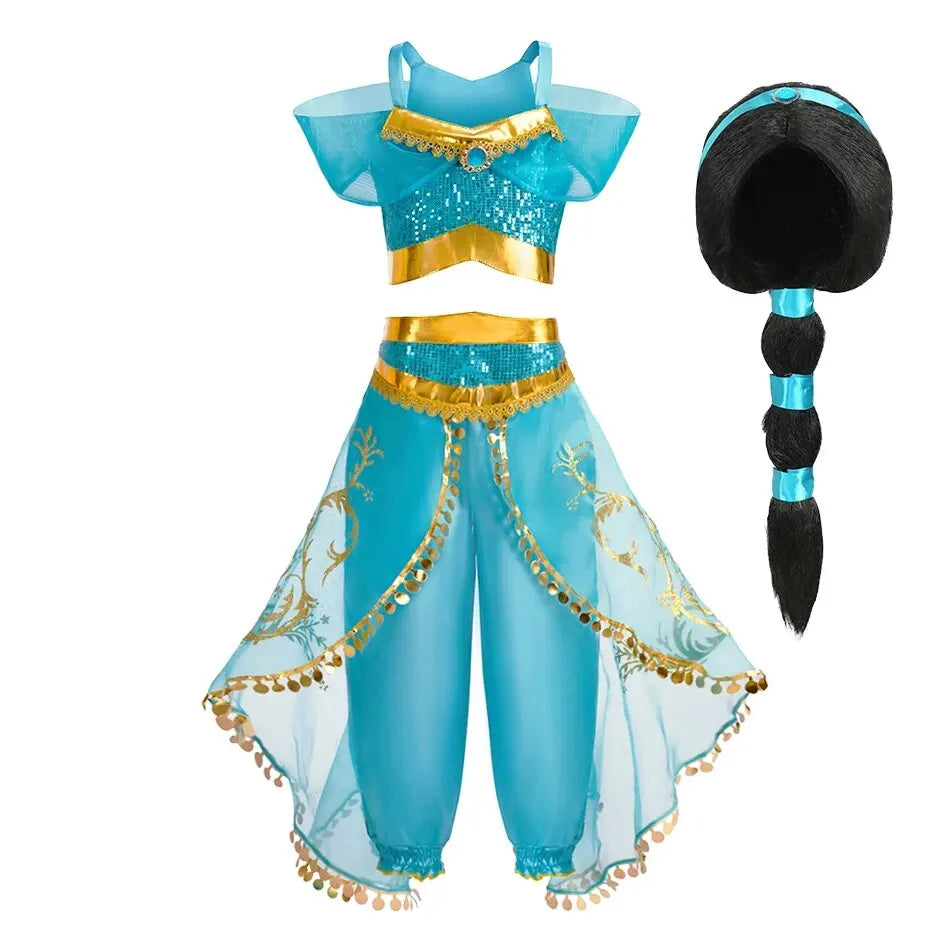Kinder Arabische Prinzessin Kleid Mädchen Halloween Jasmin Kostüm Kinder Karneval Cosplay Party Verkleidung Mädchen Pailletten Festzug Outfit