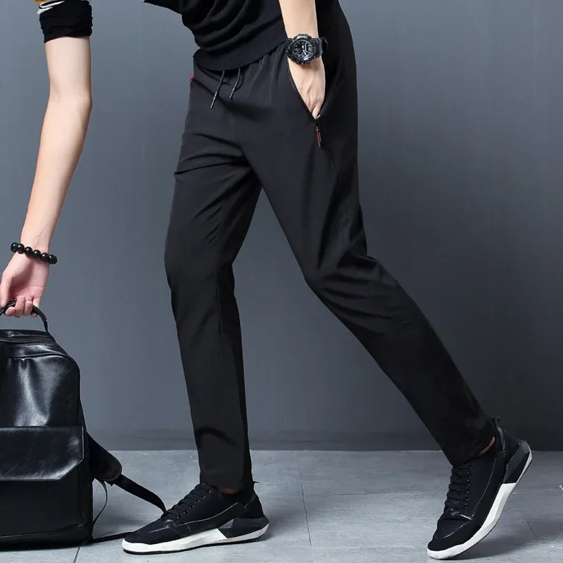 Herren Freizeithosen Gerade Schmale Passform Elastischer Bund Jogger Koreanische Klassische Blau Schwarz Grau Herrenmarkenhosen Übergröße