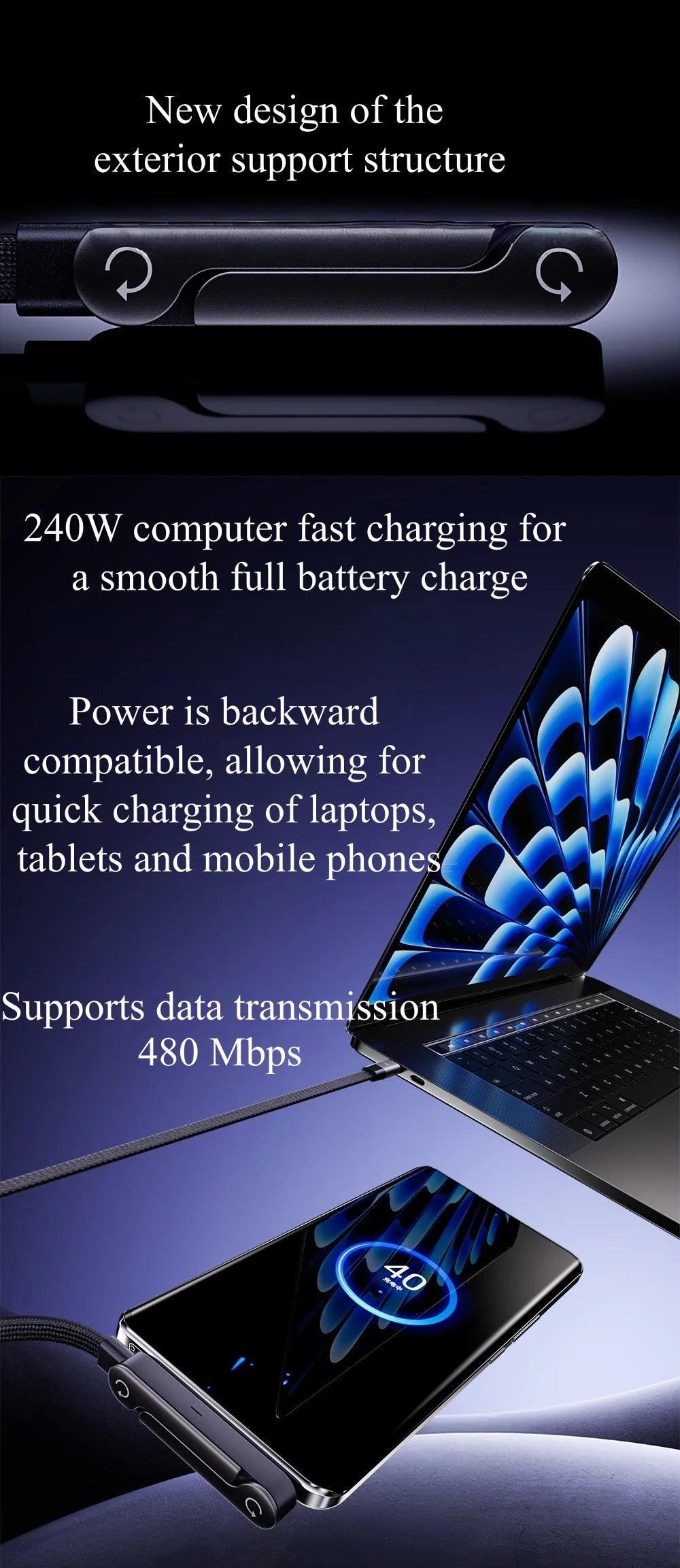 2-IN-1 Type-C Cable Foldable Mobile Phone Holder 240W Fast Charging Data Cable Multifunction Phone Charge Bracket Dual PD cable - Shoppiline