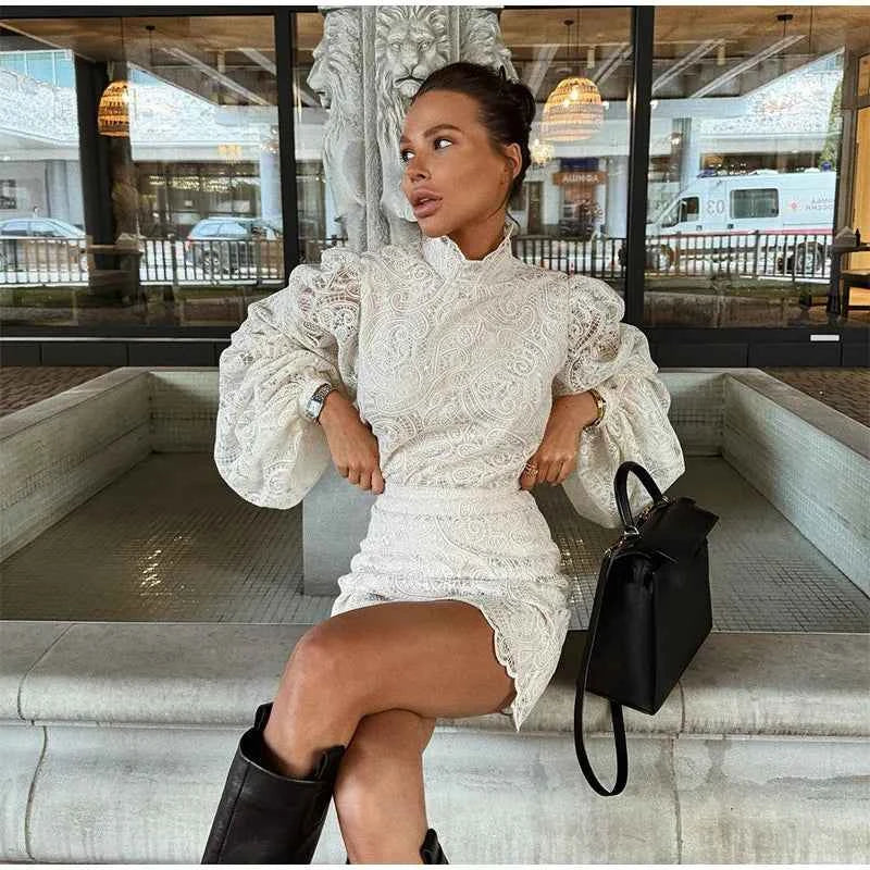 Trendy Lady Hollow Out Lace Mini Dress Elegant 2025 New Long Sleeve Designs Chic High Neck Short Vestidos Autumn Club Night Gown