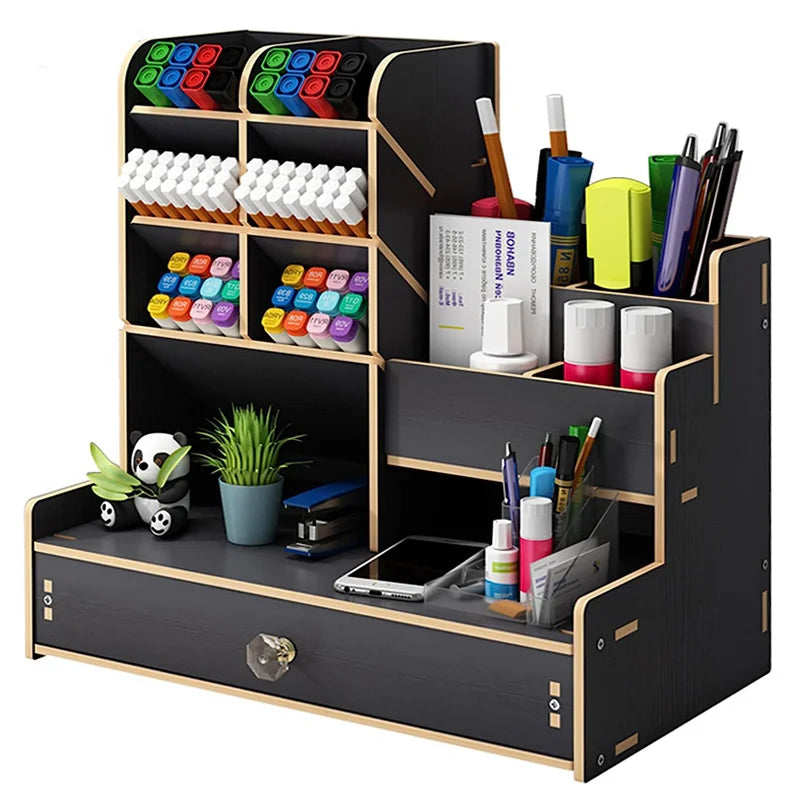 Wooden Desk Organiser DIY Desktop Tidy Pen Holder Large Capacity Stationery Storage Box with Drawer for Home Office and School - Shoppiline